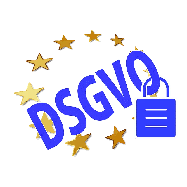 Ein mit Sternen geschmücktes DSGVO-Logo steht für die Einhaltung des Datenschutzes gemäß DSGVO.