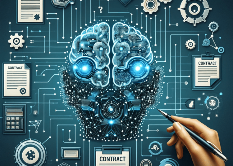 DALL·E 2024 01 17 15.37.42 An image for the topic Artificial Intelligence in Contracts. Visualize the integration of AI technology within the realm of legal contract managemen