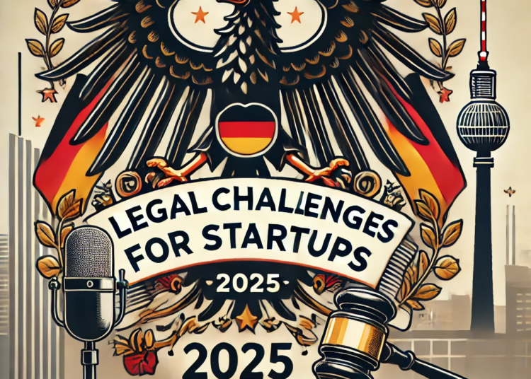 DALL·E 2025 01 24 23.08.51 Design a podcast cover for Legal Challenges for Startups 2025 emphasizing German legal aesthetics. Incorporate elements such as the German Federal